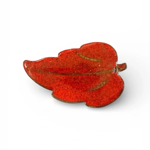 Red Leaf Enameled Copper Brooch - Picture 1 of 2